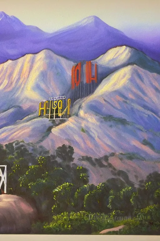 Image similar to bob ross painting of hollywood sign