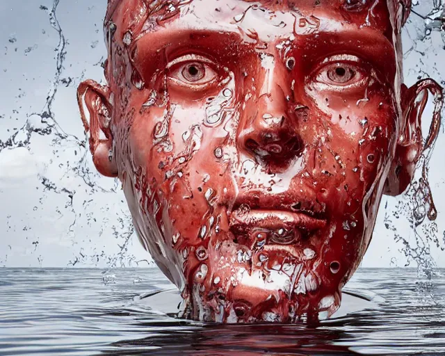 Prompt: a massive sculpture of a squashed human face made out of dripping jelly, on the ocean water, worms instead of eyes, cinematic, hyper - realistic, very detailed, realistic water splashes, ray tracing, 8 k resolution, long - shot, sharp focus, low angle, 8 5 mm photograph, wide lens