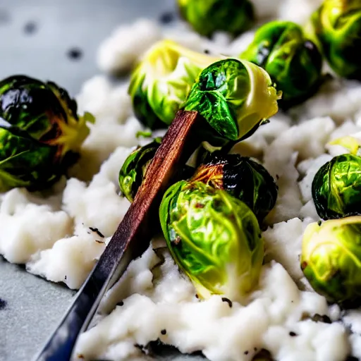 Image similar to brussel sprouts on white gravel, mashed potatoes, Michelin star, award winning