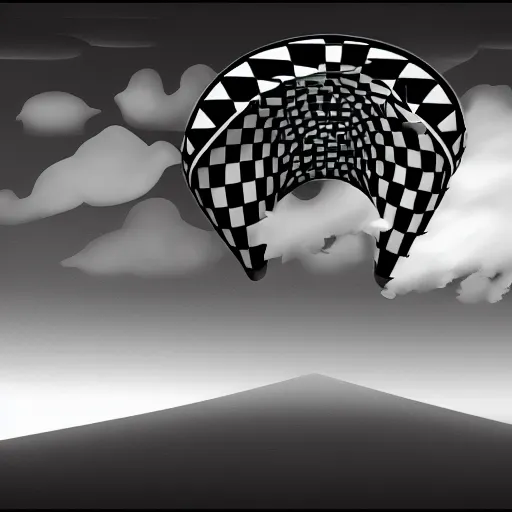 Prompt: A black and white freemasonic chequered surrealist digital painting of a stairway to into the clouds in the art style of jeff koons, Gilbert williams, Edwin Frederic Church and Christopher Balaskas, trending on artstation, 4k UHD