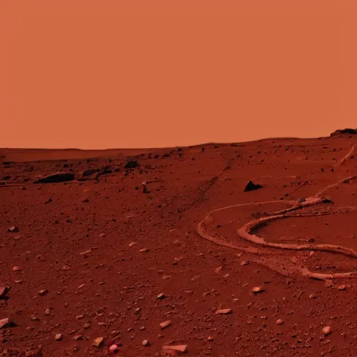 Image similar to night on mars, red dust, snakes, dim distant light, towers