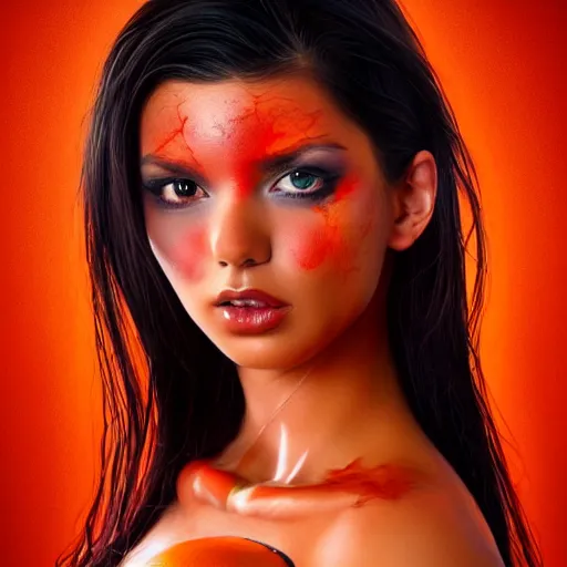 Image similar to by artgerm deep red, body paint joyful. a computer art of a young woman holding an orange