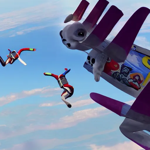 Prompt: 3 d photorealistic render of angry cats skydiving