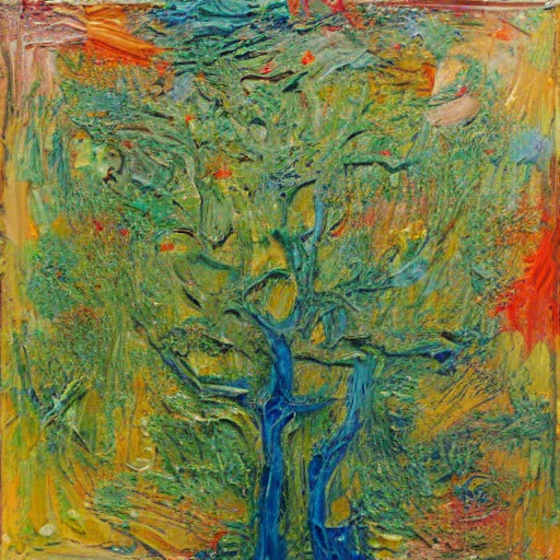 Image similar to oil paint impasto relief, tree in a field, multi layered abstract texture thick brush marks, some splattered paint, in the style of monet and frank auerbach