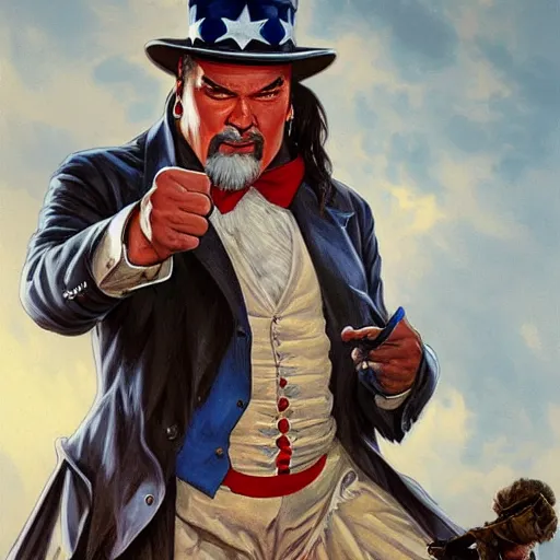 Prompt: portrait of uncle sam punching steven seagal, d & d, fantasy, intricate, elegant, highly detailed, digital painting, artstation, concept art, smooth, sharp focus, illustration, art by artgerm and greg rutkowski and alphonse mucha