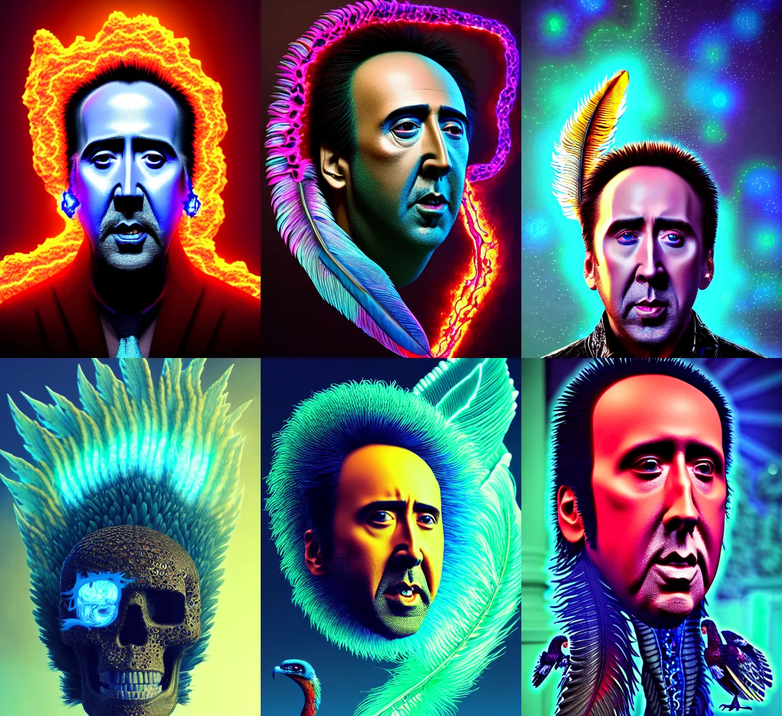 Prompt: 3 d nicolas cage portrait, 8 k micro details global illumiantion beautiful intricate highly detailed quetzalcoatl skull and feathers. bioluminescent, plasma, lava, ice, water, wind, creature, thunderstorm! artwork by tooth wu and wlop and beeple and greg rutkowski, trending on artstation,