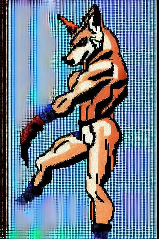 Image similar to full body shot antropomorphic muscular masculine wolf. kickboxer. wolf head. furr on body. 8 bit nes graphics. 1 6 color palitre. vaporwave futuristic 8 0's
