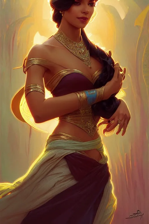 Image similar to Princess Jasmine, fantasy, intricate, elegant, highly detailed, digital painting, artstation, concept art, matte, sharp focus, illustration, art by Artgerm and Greg Rutkowski and Alphonse Mucha