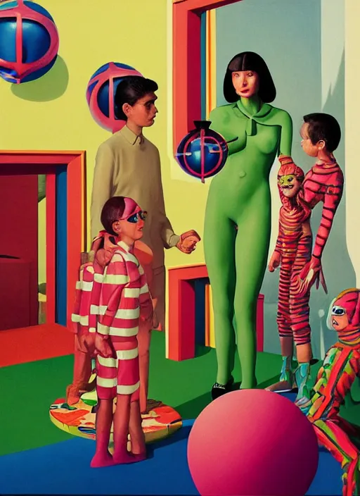 Image similar to painting of a gucci costumed family being shown how to open magic portals by a large glowing alien in their suburban living room maze, designed by gucci and wes anderson, energetic glowing orbs in the air, cinematic look, in the style of edward hopper, james jean, petra collins and mc. escher