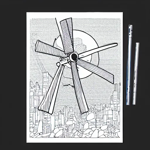 Prompt: Simplistic coloring book of a wind turbine blueprint, black ball pen on white paper, by Josan Gonzalez and Geof Darrow