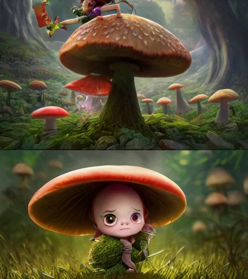 Prompt: An epic fantasy comic book style portrait painting of an extremely cute and adorable very beautiful mushroom imp fairy, character design by Mark Ryden and Pixar and Hayao Miyazaki, unreal 5, DAZ, hyperrealistic, octane render, cosplay, RPG portrait, dynamic lighting, intricate detail, harvest fall vibrancy, cinematic