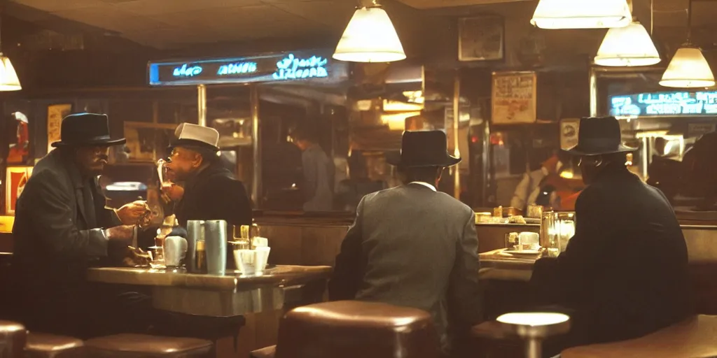 Prompt: movie scene of an old black detective wearing a fedora hat at, breakfast in a diner. cool blue lighting, moody vibe, rainy day, dark knight ( 2 0 0 8 ) set in 1 9 8 2. light haze. cadillac. cinemascope. scorcese. fred herzog