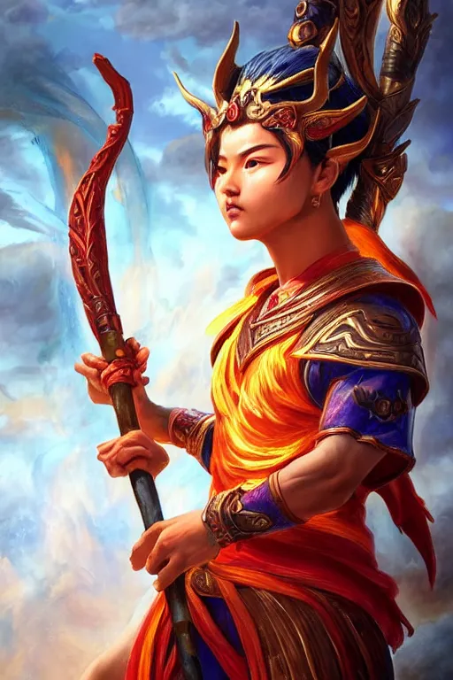 Image similar to a masterpiece portrait of nezha, legendary god holding spear, boy, flame everywhere, epic pose, fantasy character portrait, closeup shot, hyper detailed, digital painting, 8 k realistic, trending on artstation, sharp focus, dof, by fenghua zhong, artgerm, ne zha from smite, jeff easley, raymond swanland