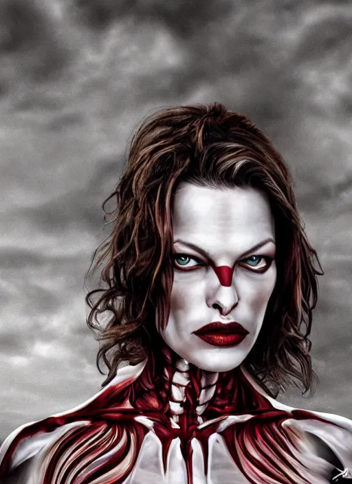 Prompt: mila jovovich wearing skeleton bodypaint and a crimson skirt, hyper realistic digital painting, hd, intricate, depth of field, soft lighting, elegant