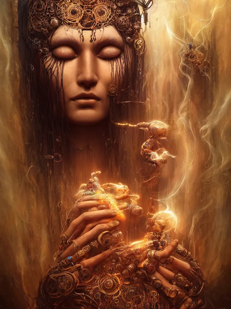 Prompt: an ancient mystical alluring female shaman generating flowing energy and surrounded by wisps of incense smoke sits meditating in a magical cybernetic robot temple, face face face, by karol bak, 3 d, cinema 4 d render, trending on artstation