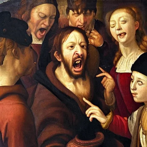 Image similar to a renaissance style portrait painting of screaming!! men