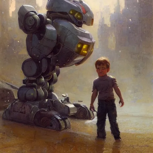 Image similar to a little boy holding hands with an enormous robot. detailed. by gaston bussiere. krzysztof maziarz. greg rutkowski