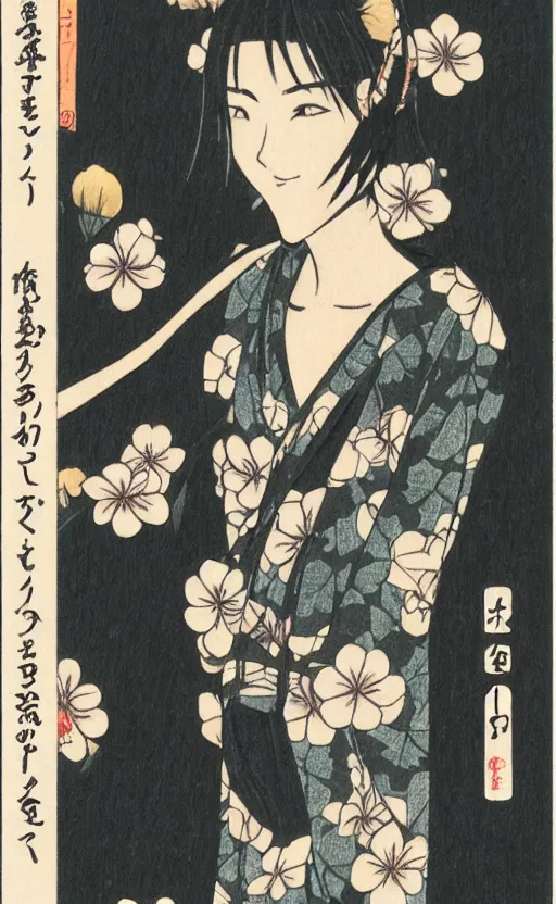 Prompt: by akio watanabe, manga art, a black hair girl walking on wooden lake bridge and iris flowers, trading card front, kimono, realistic anatomy