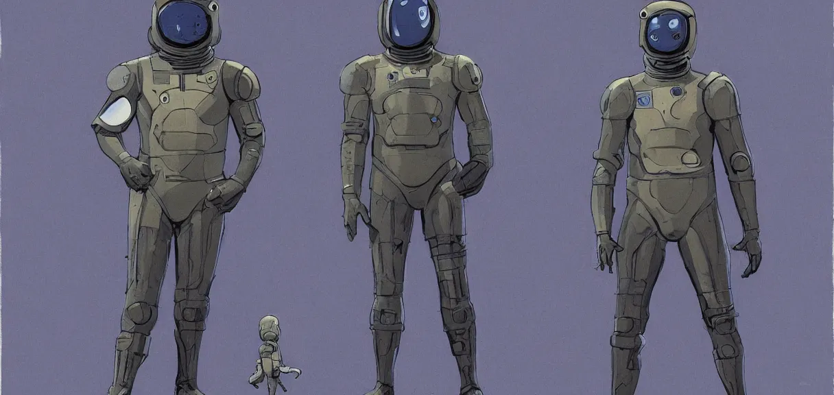 Image similar to male, full body, space suit with a modern helmet, large shoulders, short torso, long thin legs, tiny feet, character sheet, science fiction, very stylized character design, digital painting, by mike mignola, by alex maleev, jean giraud, painted by leyendecker