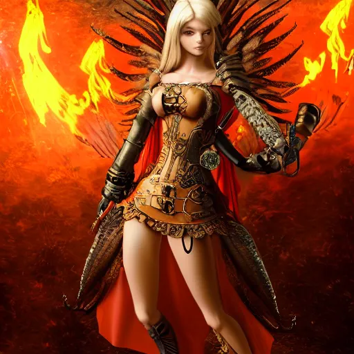 Prompt: pretty blond steampunk seraphim surrounded by lava, 8 k, shallow depth of field, 8 k, ultra high detail, concept art,