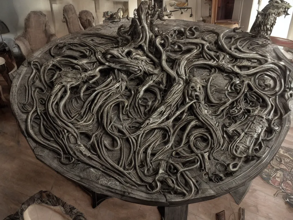 Prompt: Cthulhu woodern table, hr giger style, photo realistic, lovely morning light, bring me a cup of tea yes sir