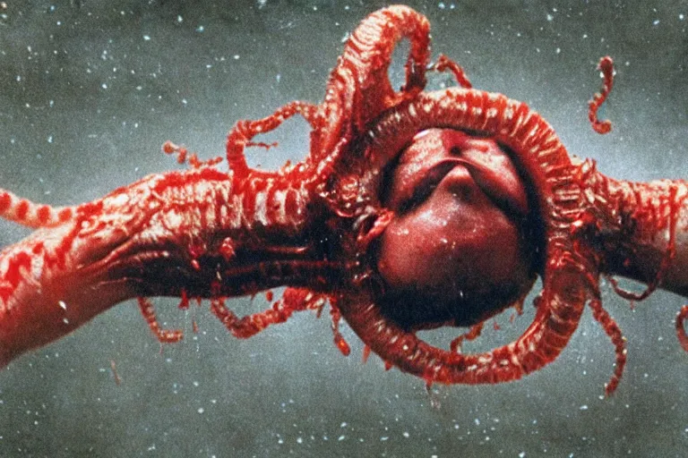 Image similar to filmic closeup slight motion blur movie still 35mm film color photograph of a doctor getting his face torn and mutilated by a dangerous spined bundle of alien worms coming from off camera, blood flying in the air, in the style of a 1982 horror film