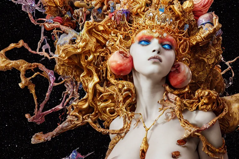 Image similar to Cinestill of A heartbreaking realistic 8k Bernini Sculpture of a stunning intricate cracked multicolored milky cosmic marble Evangelion Fallen Angel Devil Queen adorned in sentient mycelium mystical jewelry and ancient Empress crown and misty xparticles. by Yoshitaka Amano, Daytoner, Greg Tocchini, Scattered golden flakes, Hyperrealism. Subsurface scattering. Octane Render. Weirdcore, perfect face