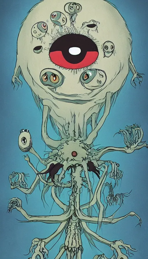 Prompt: horrible creature with many eyes and thin legs by miyazaki, anime
