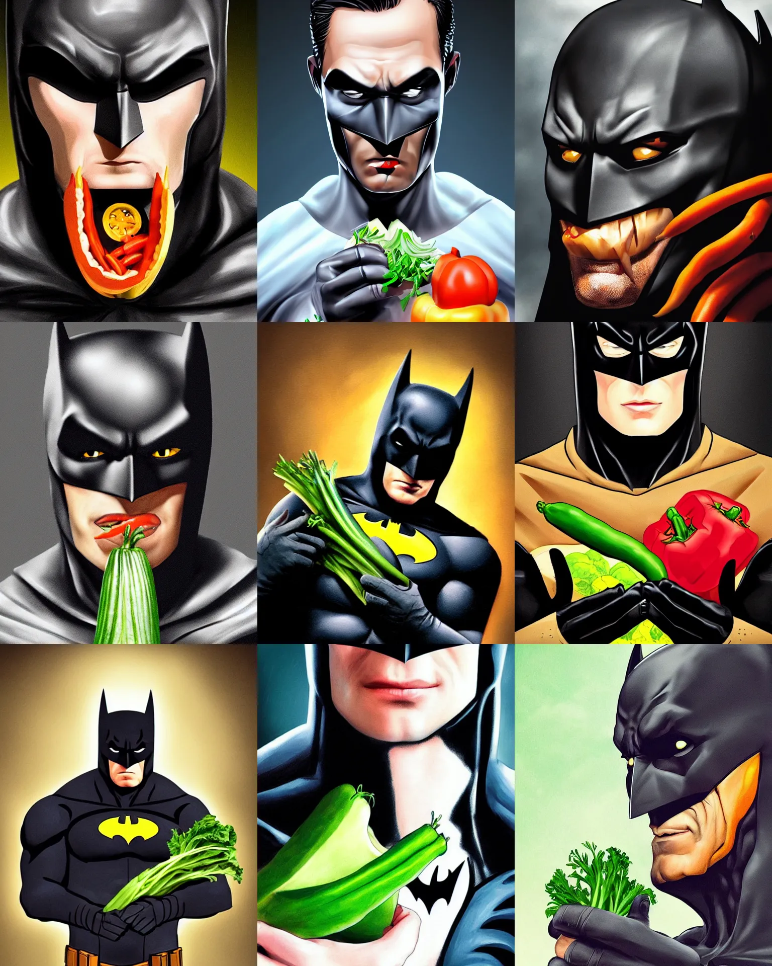 Image similar to A stunning portrait of Batman eating vegetable, Trending on Artstation, 8K