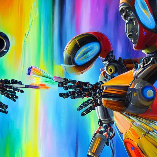 Prompt: two robots fighting with brushes on their hands trying to paint a canvas to create the most beautiful painting, colourful oil painting, digital art, trending on artstation, highly detailed, 8k, luminous, biomechanical