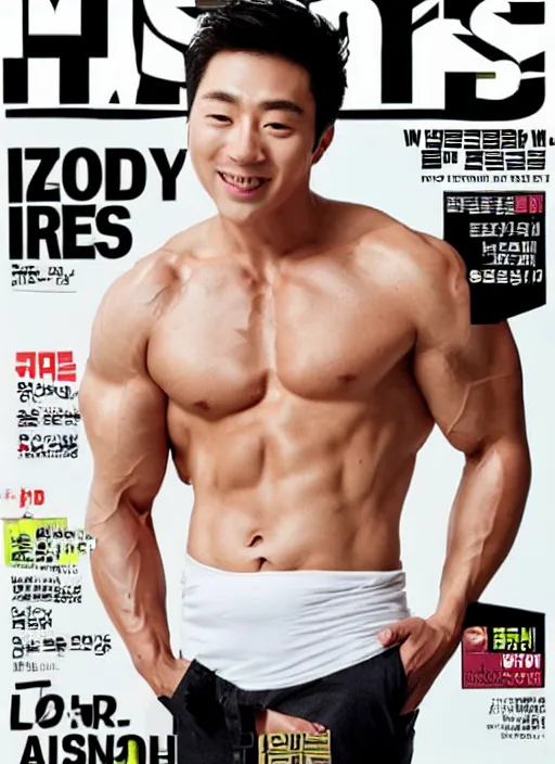 Prompt: cover of mens health korea featuring a pregnant male bodybuilder, white background