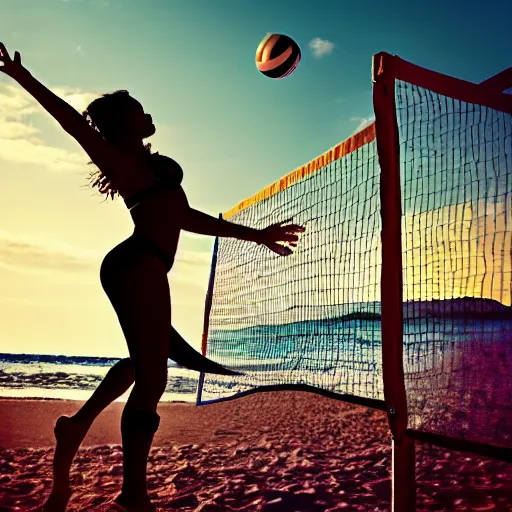 Prompt: attractive mermaid playing volleyball, photo, in the style of photography