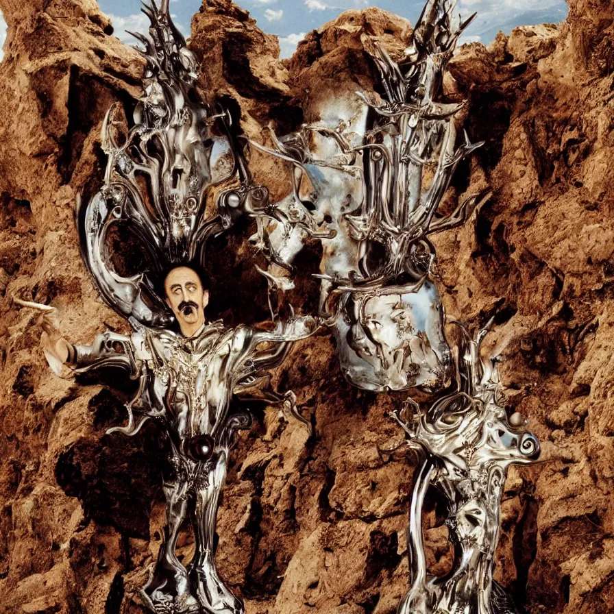 Image similar to portrait of salvador dali wearing a horned crown and costume with jewels in a dry rocky desert landscape, alien spaceship by giger, film still from the movie by alejandro jodorowsky with cinematogrophy of christopher doyle and art direction by hans giger, anamorphic lens, kodakchrome, very detailed photo, 8 k