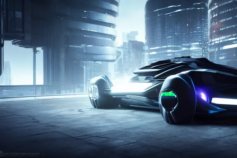 Image similar to cyberpunk batmobile concept inspired sports car, futuristic look, highly detailed body, very expensive, photorealistic camera shot, bright studio setting, studio lighting, crisp quality and light reflections, unreal engine 5 quality render