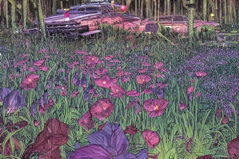 Image similar to super - detailed scene twilight junkyard, louisiana swamps, indigo blooming flowers garden, 8 k, 8 0 s japanese sci - fi books art, artwork by jean giraud