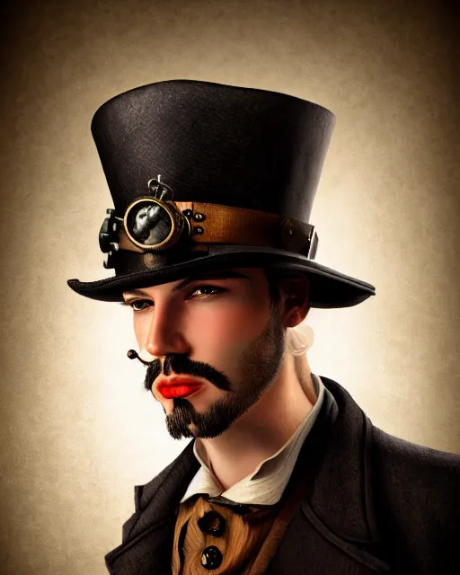 Prompt: steampunk male portrait, handsome, steampunk hat, detective coat, steampunk monocle, dramatic oil painting by robert lesser, pulp art, dramatic lighting, intricate, highly detailed, sharp focus, luminous, unreal engine, blender, deviant art, masterpiece, ray tracing