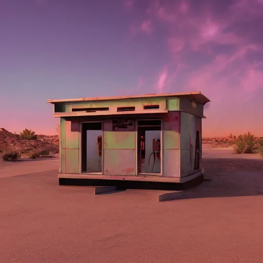 Image similar to abandoned diner in the desert by jon mccoy, sunset, cinematic, cinematic lighting, photorealistic, hyperdetailed 3 d matte painting, iridescent, deviantart, trending on artstation, concept art