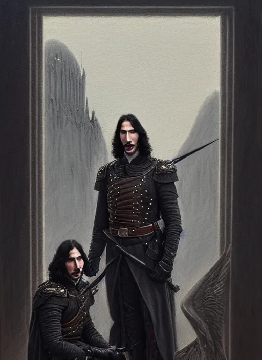 Image similar to a portrait of john oliver standing next to adam driver as in the vigo carpathian painting, stoic, military uniform, fantasy, intricate, beautiful, highly detailed, charcoal, centered, dark, smokey, digital painting, concept art, smooth, sharp focus, illustration, art by artgerm and greg rutkowski