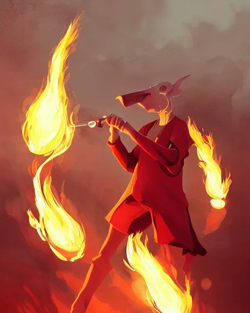 Image similar to longnose squidward wearing fire nation clothing and practicing firebending outside at susnset, [ greg rutkowski ]