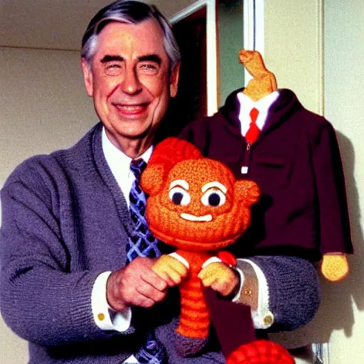 Image similar to mr. rogers proudly displaying a smaller mr. rogers made of octopus, color 1 9 7 0 s photo