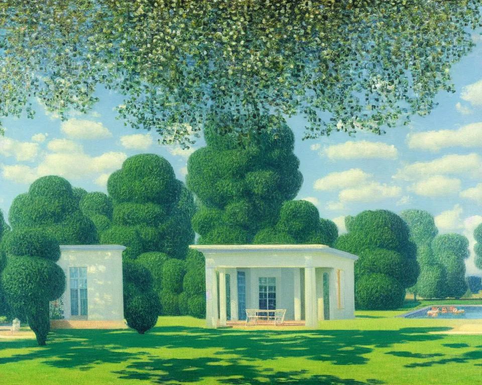 Prompt: achingly beautiful painting of a sophisticated, well - decorated pool house in spring by rene magritte, monet, and turner.