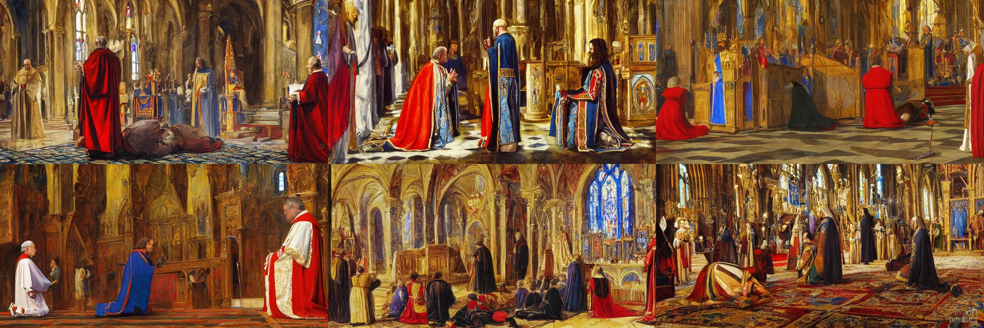 Prompt: colorful masterpiece painting of a medieval king kneeling before the pope, in a church. medium shot, arstation, richard schmid