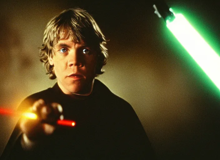 Prompt: detailed protrait photo of Luke skywalker using his lightsaber to light up a dark hazy cave and discover the ancient jedi texts. screenshot from the 1985 film, Photographed with Leica Summilux-M 24 mm lens, ISO 100, f/8, Portra 400