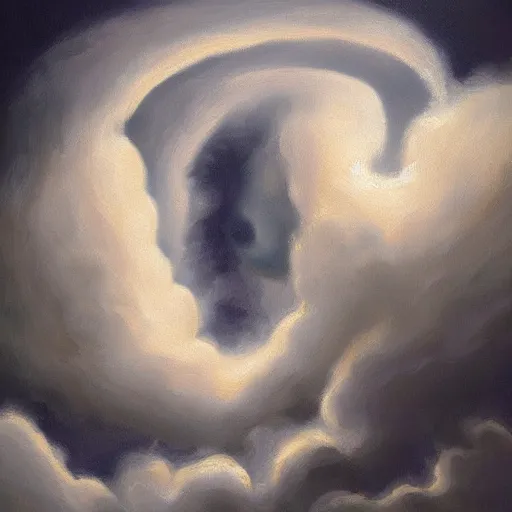 Prompt: swirling clouds in a stormy sky forming the shape of the face of a wise but stern old man. Beautiful, dreamy fantasy oil painting