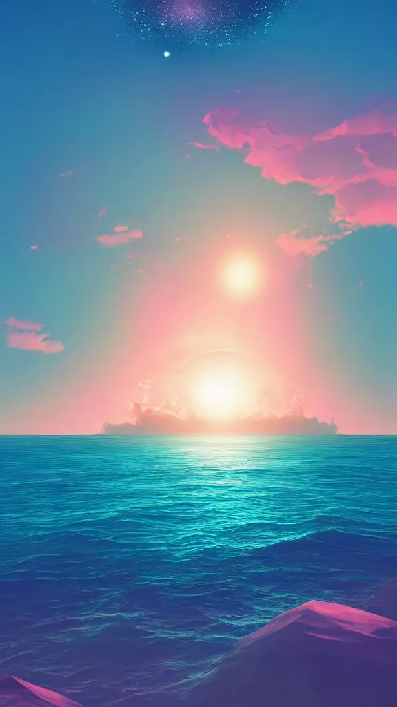 Image similar to beautiful beach horizon view of the tropical ocean on an alien planet, vaporwave ocean, clear sky, planet in space over the horizon, trending on artstation, digital art by beeple