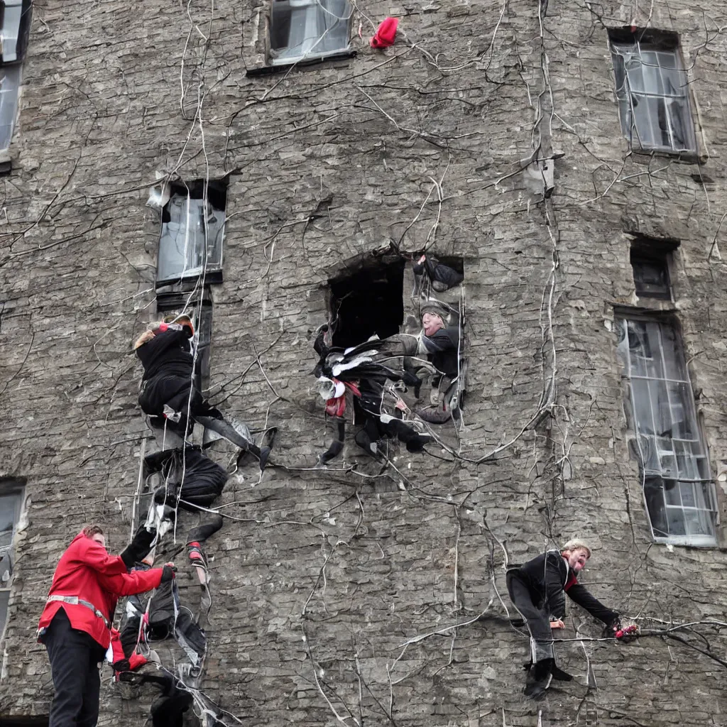 Image similar to popped out a chimney, wrapping its fangs around either a magpie or a tv aerial. people were hounding their coworkers into sponsoring their suicides, to raise money for the samaritans.