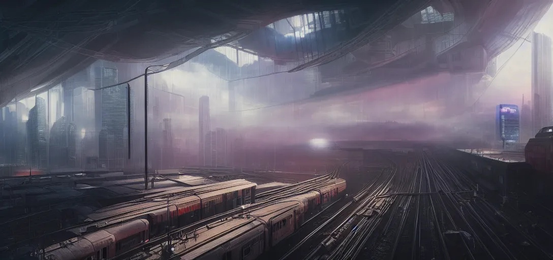 Image similar to dramatic view of cyberpunk train station, colored fog, haze, unreal engine, dramatic lighting, detailed, ambient occlusion, global illumination, god rays, 3 d artstation render by greg rutowski and jessica rossier