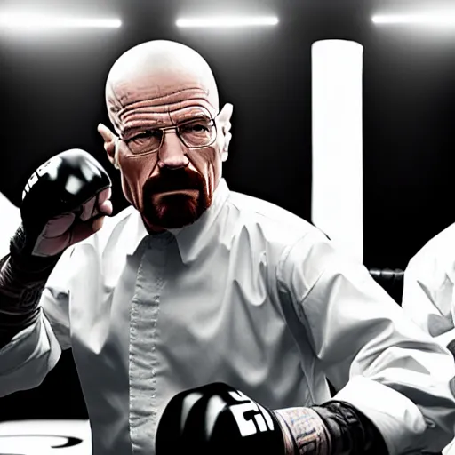 Prompt: walter white in ufc fighting match, 4 k, high resolution, still, landscape, hd, dslr, hyper realistic