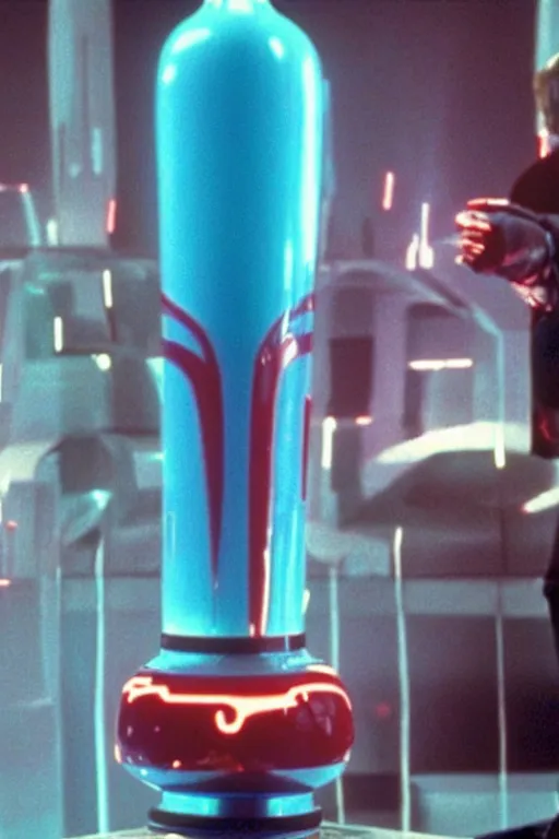 Image similar to a film still of a 1 9 8 0's lava lamp in the movie tron ( 1 9 8 2 )