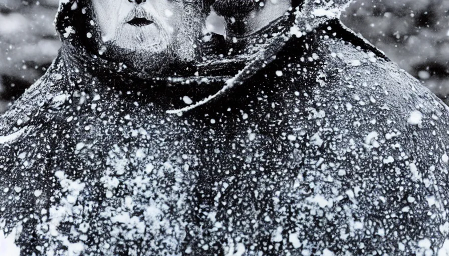 Image similar to 1 9 6 0 s movie still close up of marcus aurelius breast - plate dark cape frozen lay on the snow by the side of a river with gravel, pine forests, cinestill 8 0 0 t 3 5 mm b & w, high quality, heavy grain, high detail, texture, dramatic light, anamorphic, hyperrealistic, detailed hair, foggy